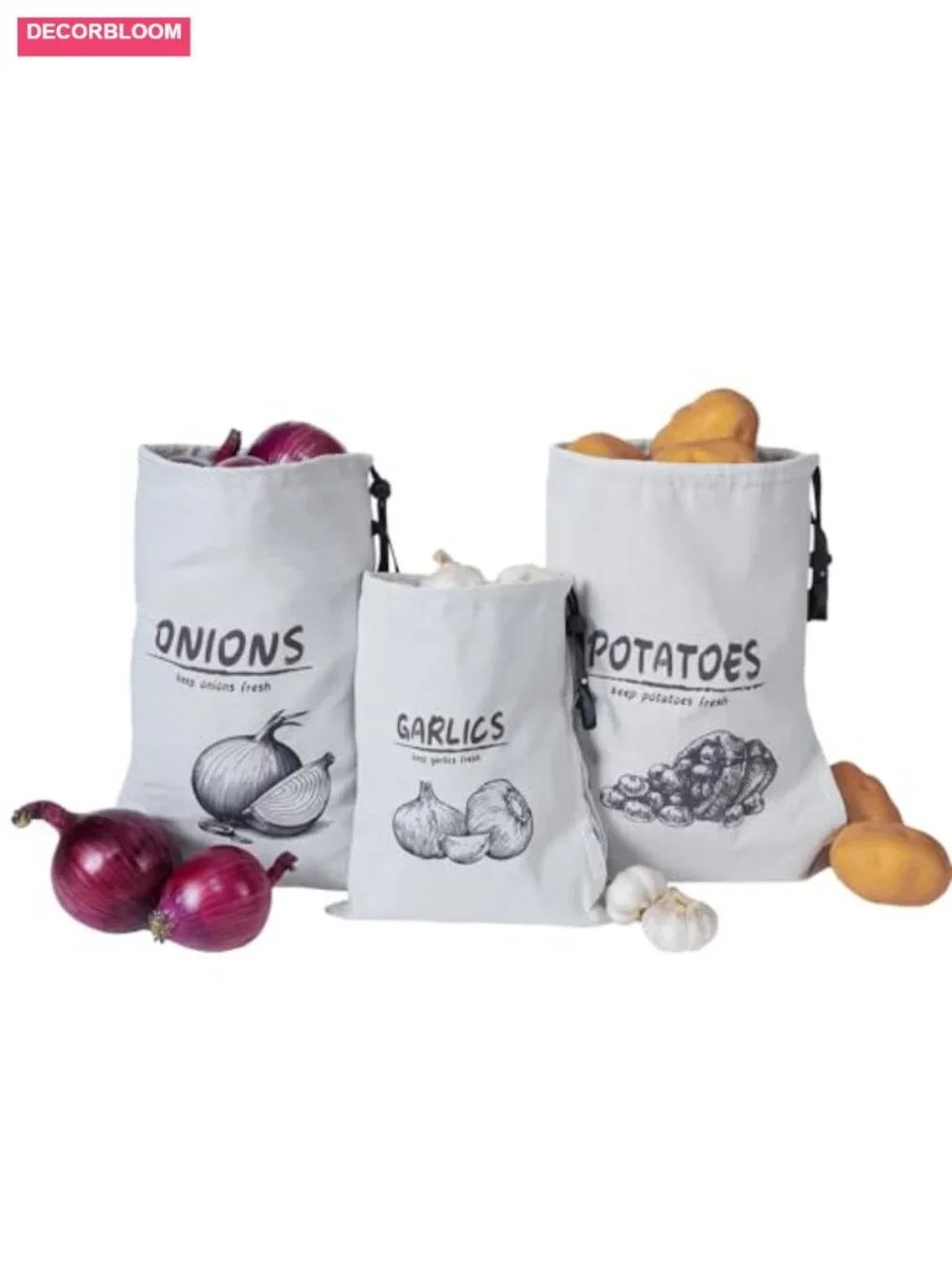 3 Pack Reusable Cotton Produce Storage Bags with Drawstring